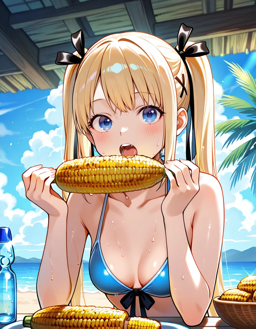 score_7_up, anime BREAK official art, solo, 1girl, one girl,
Marie Rose, Marie Rose\(Dead or Alive\), twintails, x hair ornament, hair ribbon,
<lora:uminoie:0.8>, uminoie, <lora:corn_Illust_v1:0.8>,
bikini, 1girl, cleavage, open mouth, looking at viewer, food, blush, bottle, solo, tree, collarbone, upper body, holding, indoors, palm tree, wet, table, eating, outdoors, roof, ramune, corn, beach, shop,
(masterpiece:1.3), best quality, high resolution, unity 8k wallpaper, extremely detailed CG, 8K, (watercolor \(medium\), muted color, sketch:1.1), perfect anatomy, highly finished, masterpiece, best quality, high quality, amazing quality, great quality, very aesthetic, ultra detailed, highres, absurdres, highly detailed, highly detailed background,