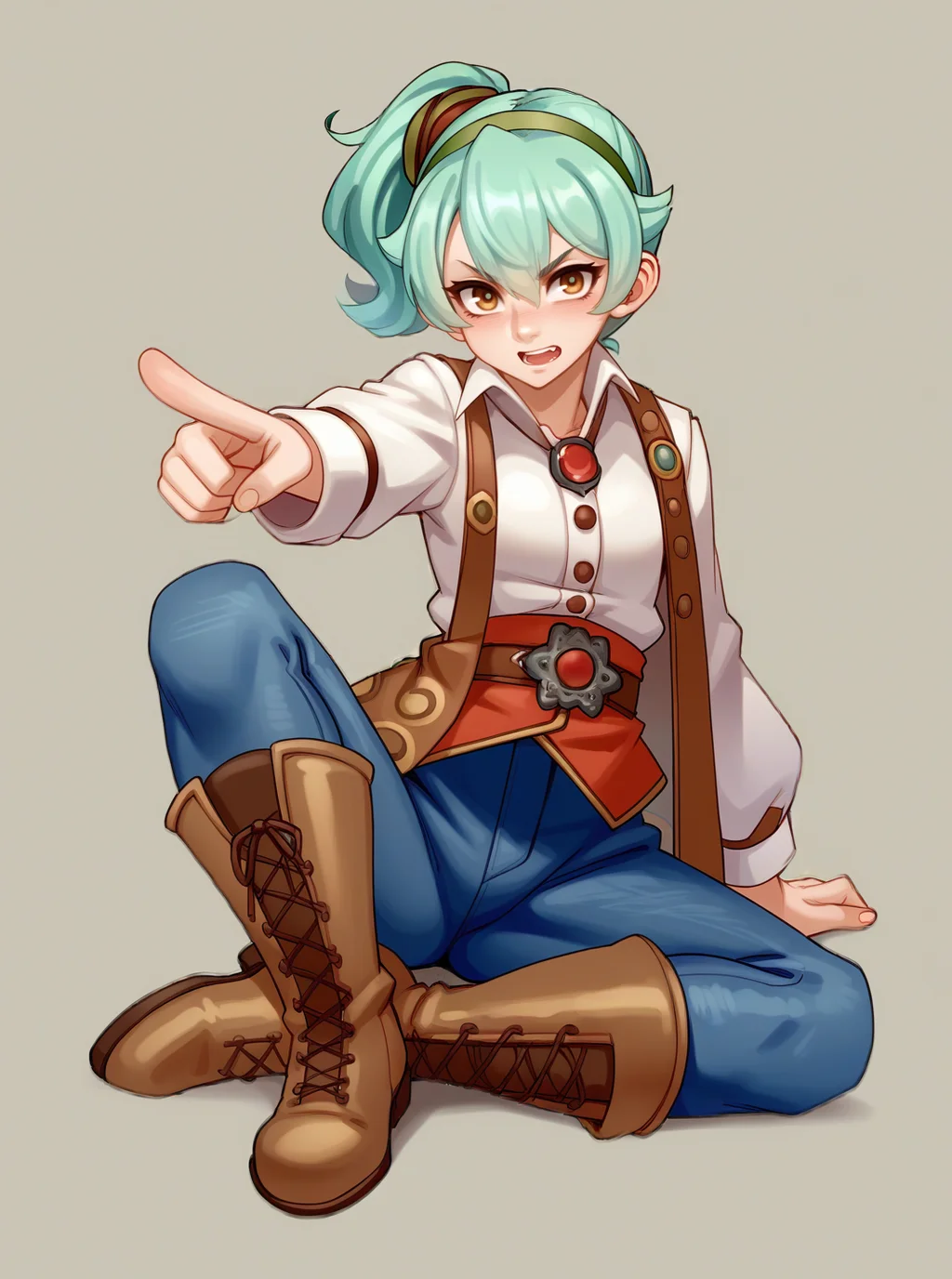 score_9, score_8_up, score_7_up, source_anime, solo, 1girl, lace-up boots, , Pistachio green hair, looking at another, Knolling, pointing down, Relic Seeker, kairunoburogu,  <lora:kairunoborugu_PDXL-000001:1>