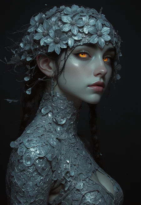 Silver statue of a woman, her skin composed of delicate, textured silver flakes, with chrome and glass flowers intricately woven into her hair, her eyes gleaming with a warm, bluish light, wearing a majestic, windy-blown ornate gown with tattered, silver petals, reminiscent of a dark, dystopian world, her face and shoulders illuminated by a soft, ambient glow, as if radiating an otherworldly energy, The backdrop is a very dark. In the styles of Royo's dark, mystical realism, Artgerm's hyper-detailed, metallic sheen, and Lovecraft's eerie, atmospheric tension, with meticulous attention to intricate textures, dramatic shading, and a sense of haunting, ethereal beauty.