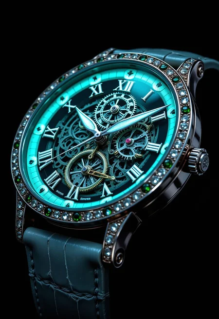 aidmafluxpro1.1, aidmaimageupgrader, they glow at night, a high quality digital image of an intricately detailed platinum and pink-gold man's skeletal watch, The gearing is unbelievably fine and intricate, The numbers are represented by roman numerals and are detailed in cyan radium, the  bezel is studded with small emeralds