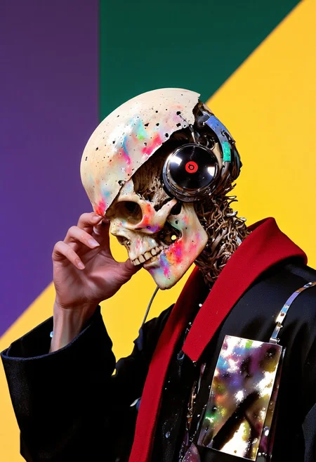 A hyper-realistic close-up of a skeleton’s skull seen from a three-quarter side angle, dressed in avant-garde urban clothing with a mix of asymmetrical cuts, textured fabrics, and layers. The outfit includes a sleek, fitted black jacket with sharp lines and metallic accents, contrasting with a loose, asymmetrical shirt beneath. A bold red scarf wraps around the skeleton’s neck, its vibrant color contrasting with the off-white skull and flowing elegantly down the side. The skull features hyper-detailed, subtle crystalline textures, with slight tints of pink, teal, and purple shimmering across the bone and small glittering patches catching the dramatic lighting. The skeleton wears a pair of Beats by Dre headphones, their sleek black and red design juxtaposed against the stylish, urban outfit. The background is divided into three equal diagonal sections: a deep and rich purple on the left, a vibrant emerald green in the center, and a warm, bright yellow on the right, creating a dynamic contrast. Lighting is dramatic and directional, emphasizing the glossy surface of the headphones, the detailed crystalline textures, and the scarf's silky folds. The scene evokes an eerie yet fashionable atmosphere, blending the surreal skeleton details with high-fashion elements in a visually captivating composition. ((aesthetic_pose, dynamic_pose, dramatic_lightning, Detailed hand, Hand, Perfect hand, mythp0rt))