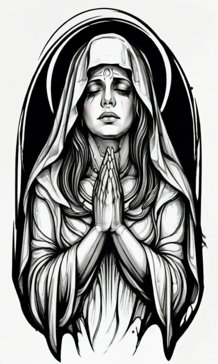 The Virgin Mary folded her hands and bowed her head 40 degrees in prayer,draktattoo,white background <lora:diablo-1119:1>