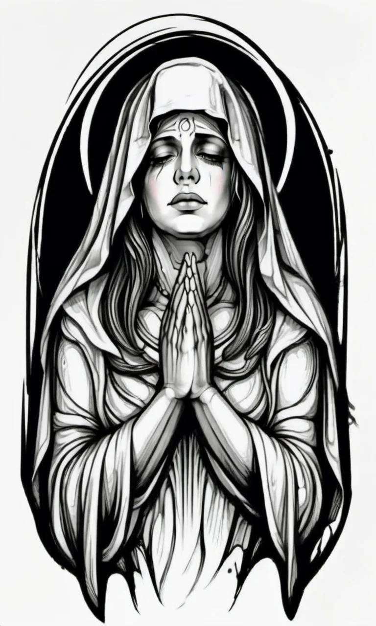 The Virgin Mary folded her hands and bowed her head 40 degrees in prayer,draktattoo,white background <lora:diablo-1119:1>