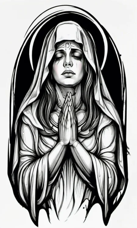 The Virgin Mary folded her hands and bowed her head 40 degrees in prayer,draktattoo,white background <lora:diablo-1119:1>