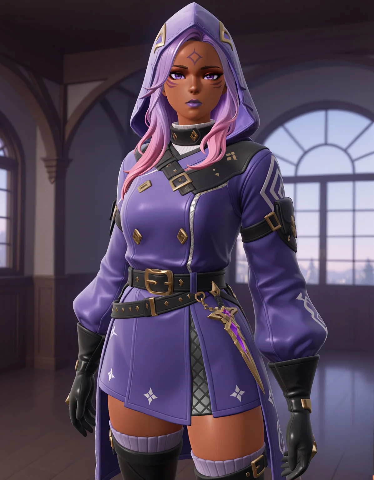 masterpiece, best quality, very aesthetic, absurdres, safe, best quality, very aesthetic, absurdres, newest, highest quality, 1girl, solo, long hair, looking at viewer, thighhighs, gloves, standing, purple eyes, pink hair, purple hair, cowboy shot, belt, dark skin, hood, dark-skinned female, facial mark, purple lips, [detailed face], [detailed eyes], 3D, Fni9 Style, <lora:7c0ca9fe-024e-4944-9ca7-779618db8079:0.9>