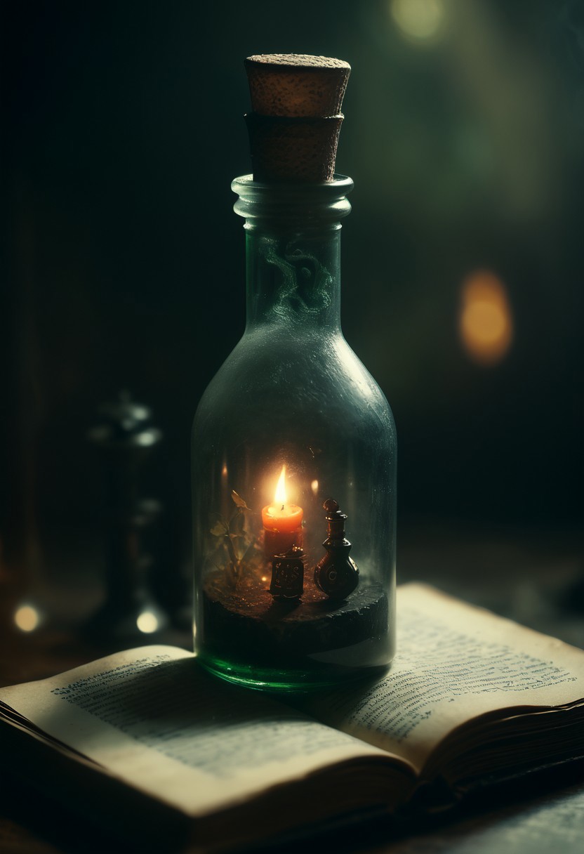 medium close-up shot of a Tactile ([Book of shadows:Potion bottle) , tilt shift, Timid, strong side key lights, Nature and Magic, [ (stylized by Peter Lindbergh:0.8) , (Roy DeCarava) , (Tony Conrad), , light leaks, double exposure, magical atmosphere, dynamic composition, beautiful elegant, excellent composition, delicate, radiant
, aidmamj6