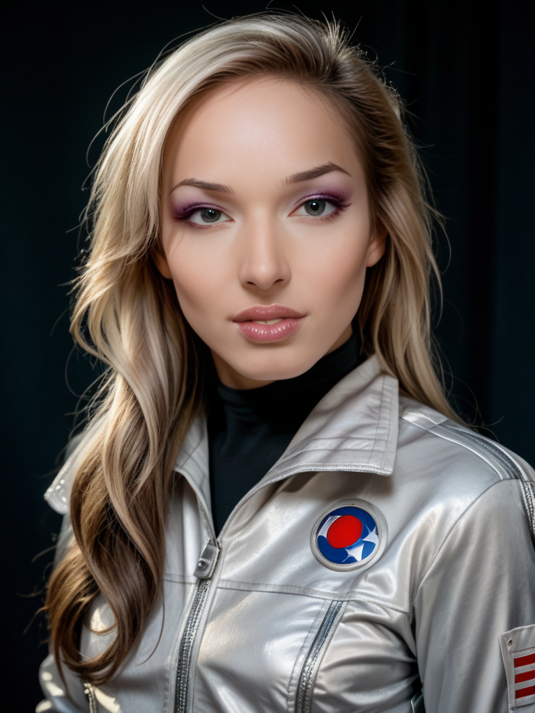 score_9, score_8_up, score_7_up, Khlo3H4rt, Khloe Hart, <lora:Khlo3H4rt-pony:1>,  1girl, makeup, lips, long hair, big lips, parted lips, lipgloss, teeth, (bobbed hair), blonde hair, ((silver jumpsuit)), spacesuit, atompunk, 1950s, retro, portrait, solo, looking at viewer, bokeh, focus, film, velvia, artistic, best quality, photograph, focus