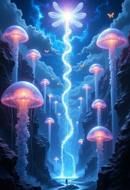 aidmaMJ6.1, aidmaimageupgrader, A surreal, hyper-detailed depiction of a colossal floating city built on the backs of massive, luminescent jellyfish drifting through a sky filled with cascading waterfalls. The city features translucent, glowing structures that pulse with shifting colors, connected by delicate, shimmering bridges that sway as the jellyfish glide. Above, the sky is a kaleidoscope of swirling galaxies, their light reflecting off the endless waterfalls that vanish before reaching the ground. In the air, crystalline dragonfly-shaped airships hover gracefully, their radiant wings sparkling with energy. The atmosphere teems with bioluminescent wildlife, including floating manta rays and glowing butterflies, leaving trails of light as they move. At the heart of the city, a spiraling tower of glowing crystal vines rises, crowned by a pulsating orb of energy that illuminates the entire surreal scene. A breathtaking blend of underwater magic and celestial wonder, defying all natural laws.