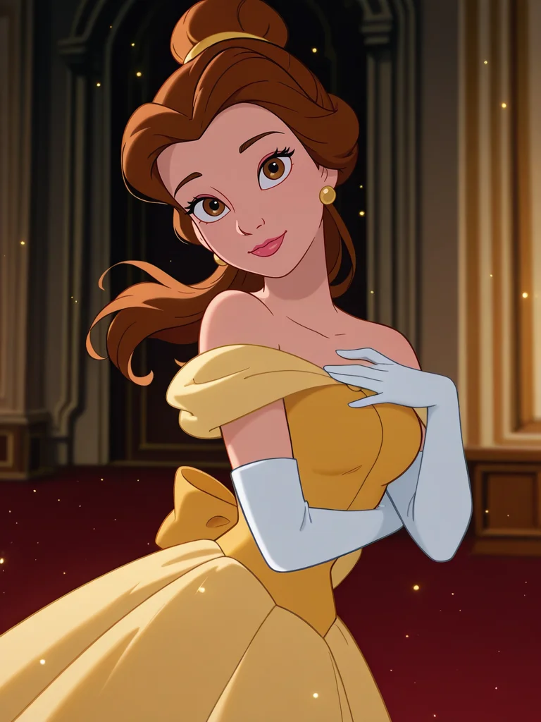 (official style:1.1), screencap, blurry background
1girl, medium breasts, (BelleXL:1.1), bow, brown hair, brown eyes, yellow dress, off-shoulder dress, white shirt, long dress, elbow gloves, jewelry, ponytail, single hair bun, lipstick, floating hair, makeup, 
light smile, dutch angle, cute pose, happy, , looking at viewer, princess castle, indoors, elegant room, portrait, dynamic pose, cowboy shot, hand on chest, head tilt, light particles, from side,
 <lora:Belle-IL:1>
