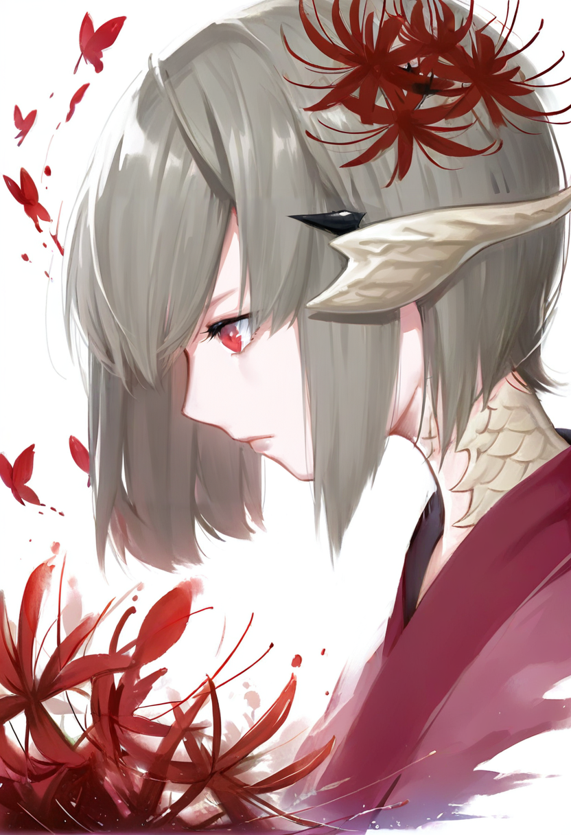 1girl, solo, flower, hair ornament, hair flower, au ra, short hair, horns, white background, spider lily, profile, red eyes, japanese clothes, kimono, simple background, from side, dragon horns, avatar \(ff14\), red flower, bangs, butterfly, bug, portrait, upper body, blood, grey hair, closed mouth, scales <lora:solaXL_NBVP1_lokr_V6311P:0.95>