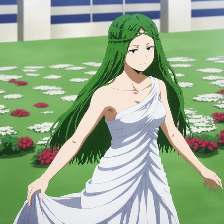 <lora:SlimesIbara-000007:1>, slimes_ibara, woman, solo, green hair, dress, twirling dress, smile, flower garden background