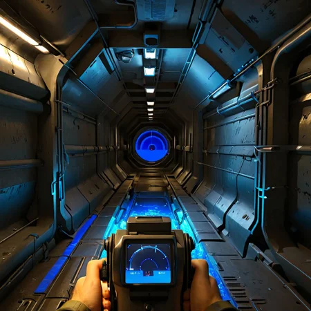 crawling through a metal ductway with a m314mtn blue glow, m314mtn, holding_tracker, holding, pov, trackerscreen
