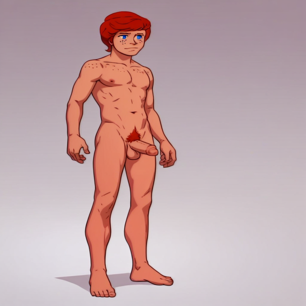 zarru, 1boy, solo, male focus, Red hair, freckles, blue eyes, pubic hair, completely nude, penis, balls, standing, full body,  score_9, score_8_up, score_7_up, score_6_up <lora:vinceteaa_020_04v2-step00000400r:1> good face, good eyes,