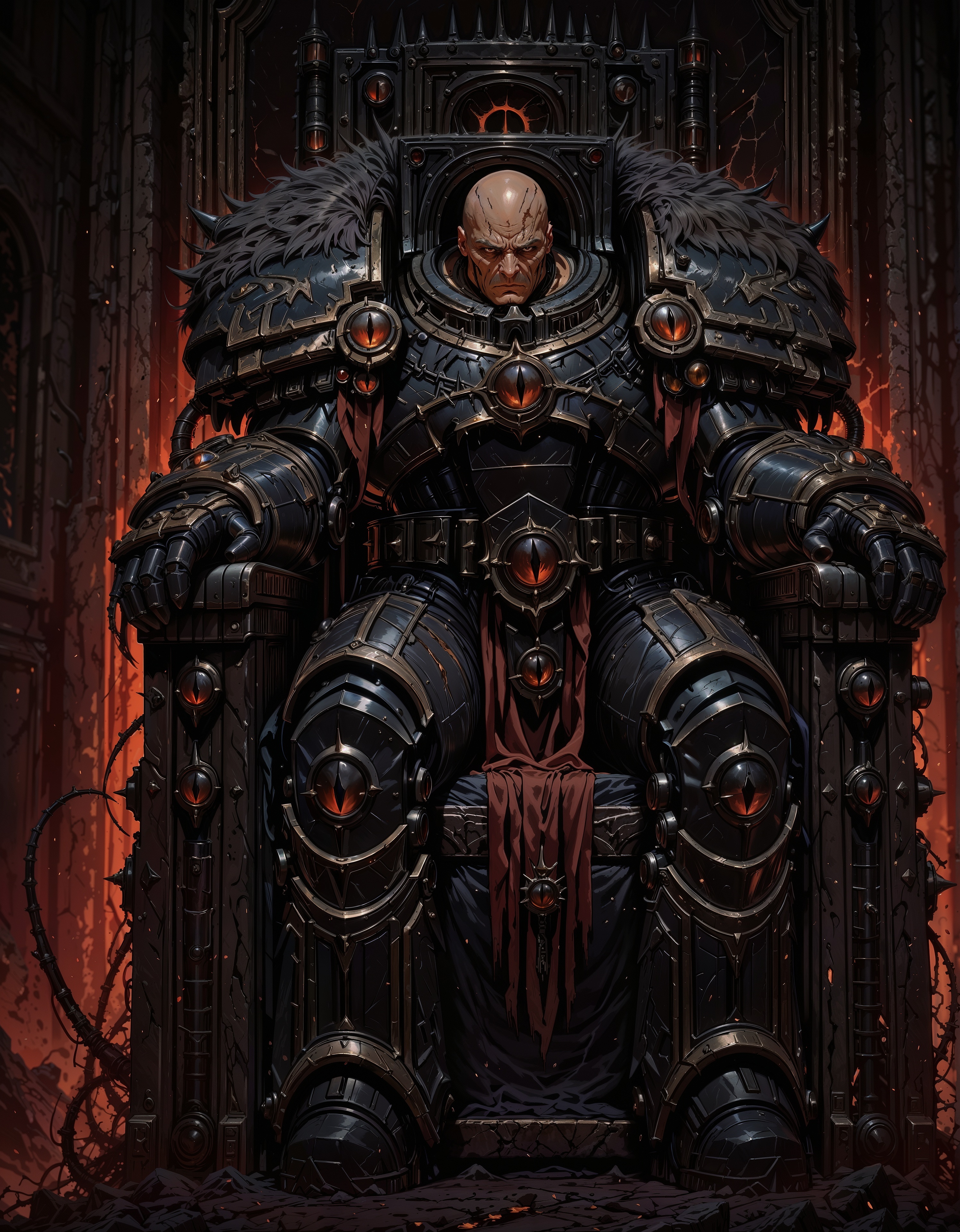 masterpiece, best quality,high quality, newest, highres,8K,HDR,absurdres, iLLHorusL40K, 1boy, solo, power armor, power claw, chaos, black sclera, scars, sitting on a throne, sad, bald, darkness,  <lora:iLLHorusL40K:1> <lora:iLLMythM4gicalL1nes:0.8> M4gicalL1nes