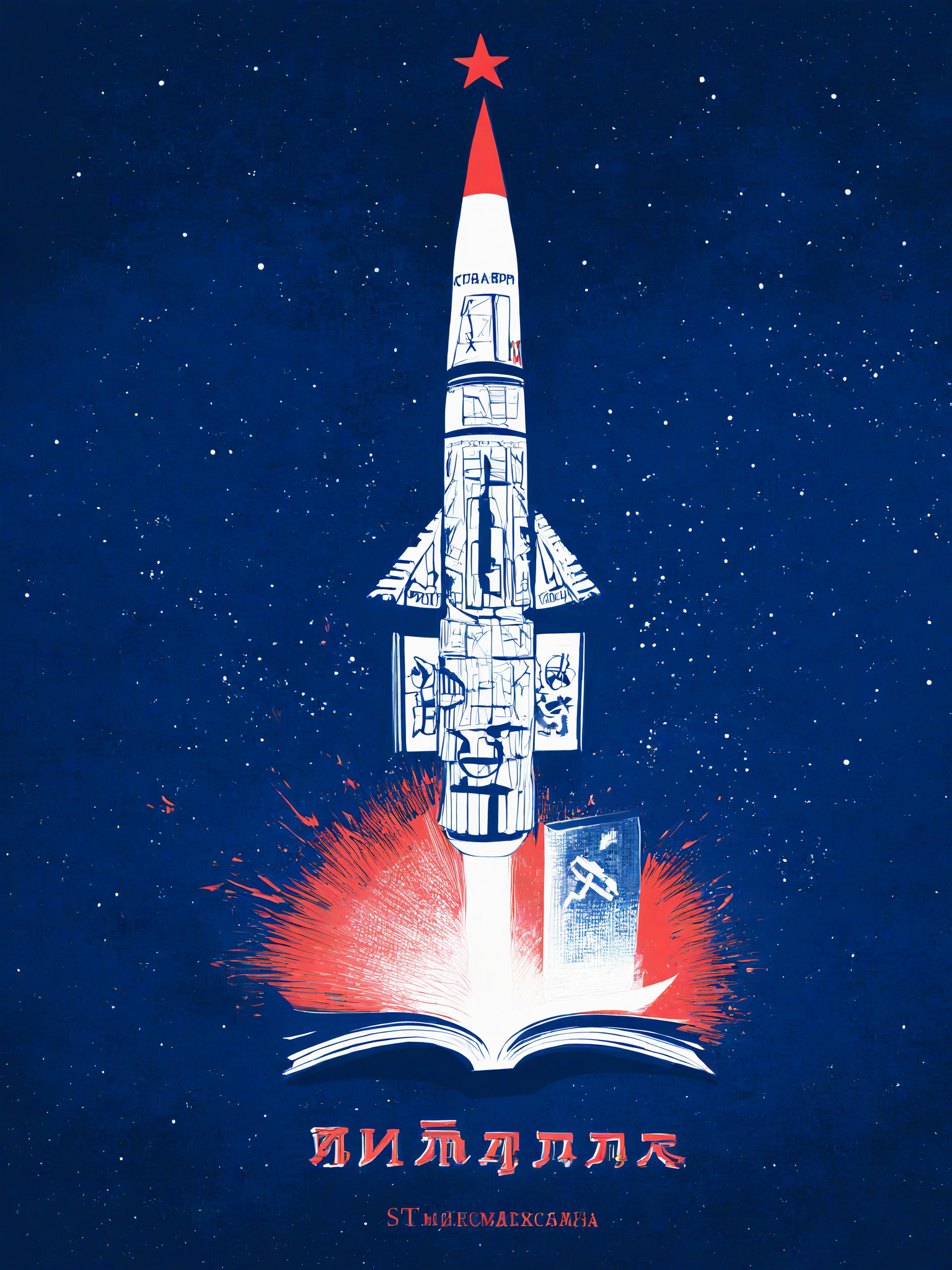 star \(sky\), starry sky, space, red star, 
huge rocket, fire, rocket launches from a open book, 
(open book:1.3), 
russian text, red, blue, monochrome, soviet poster, hammer and sickle, 
s-a, abstract, <lora:Sovposter-NOOB-V1-E-PRED-000003:0.7>
masterpiece, best quality, amazing quality, very aesthetic, absurdres, newest,