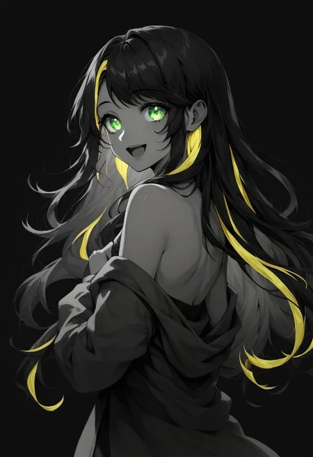 score_9_up, score_8_up, score_7_up, 1girl, green eyes, long hair, cute, black background, simple background, glow, two-tone hair, black hair, blond hair, neon,monochrome, glowing eyes, smile, cute, open mouth, from behind, looking to viewer, turned to back