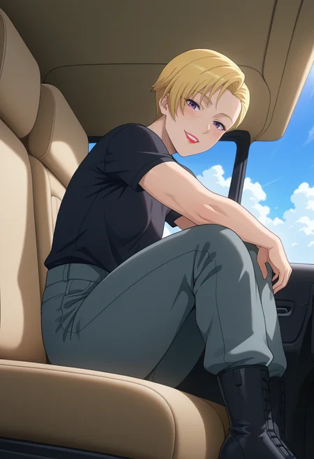 masterpiece, best quality, amazing quality, 1girl, solo, heidemarieww, mature female, purple eyes, blonde hair, short hair, lipstick, red lips, toned, small breasts, black shirt, short sleeves, grey pants, black boots, <lora:Barrow_Heidemarie_Bravern_ill:0.9>, from side, sitting on car seat, blush, smile, parted lips, looking at viewer, car interior, car seat, ground vehicle, motor vehicle, car, cloud, blue sky, skindentation, detailed clothing folds, depth of field, sharp, high contrast, dynamic light