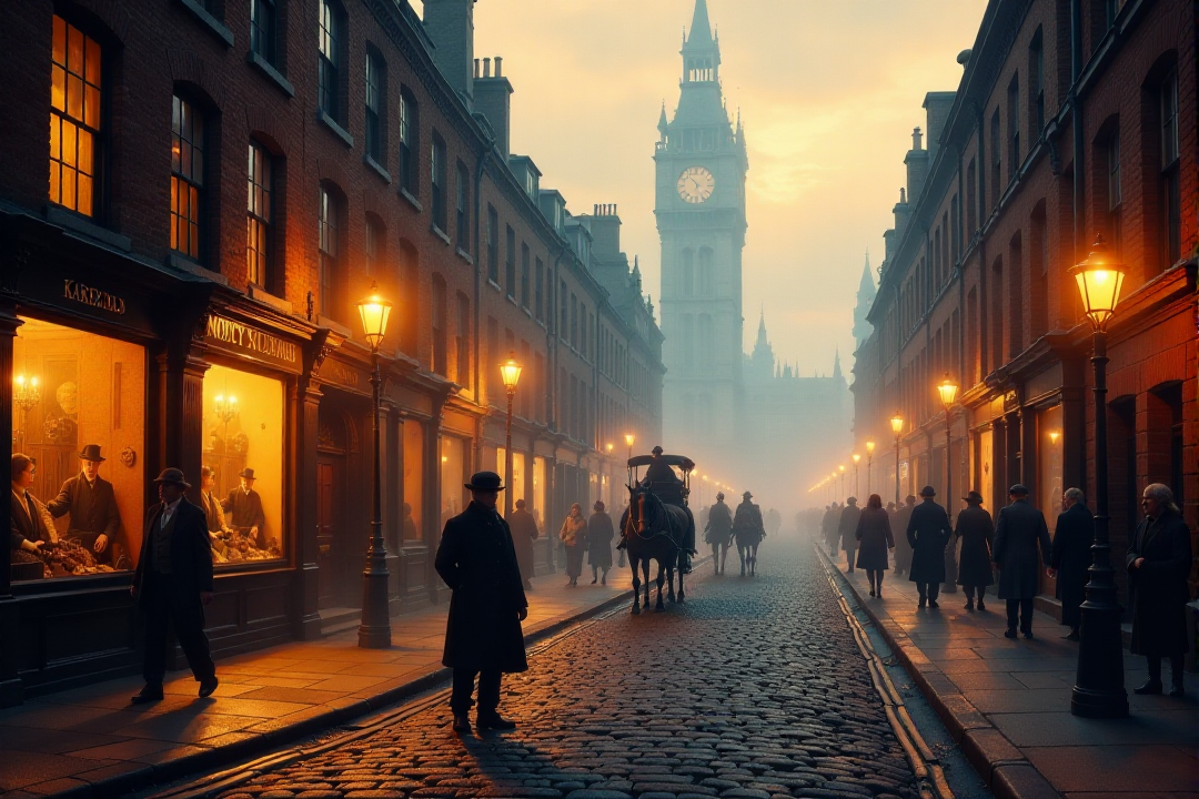 "A cobblestone street in Victorian London at dusk, illuminated by the warm, golden glow spilling from the windows of bustling shops and gas lamps lining the foggy street.  Horse-drawn carriages and pedestrians in period attire navigate the wet stones, their figures softened by the gentle mist. In the foreground, a rosy-cheeked newsboy in a tattered cap hawks the evening papers, his voice echoing softly in the atmospheric air.  Above, the towering silhouettes of grand buildings are just visible through the fog, hinting at both prosperity and mystery. Capture the scene in the style of Thomas Kinkade, emphasizing the warmth of light against the cool, misty evening, using soft, glowing highlights and a rich, inviting color palette of deep reds, browns, and muted golds.  Painterly brushstrokes, detailed textures of cobblestones, brickwork, and fog, cinematic lighting, nostalgic and heartwarming atmosphere, evoking a sense of Victorian charm and Dickensian London at twilight, 8k resolution, oil painting effect, visually stunning and emotionally evocative."âââ