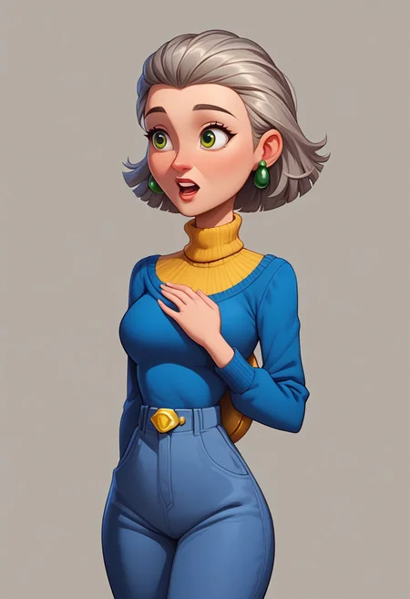 score_9, score_8_up, score_7_up, mercasg, BREAK 1girl, woman, elderly, old, solo, shocked, pretty, eyebrows up, open mouth, teeth, medium breasts, medium hair, gray hair, green eyes, ((round gray earrings with yellow shell)), ((yellow Turtleneck Dickey with wide fringe:1.5)), blue sweater under dickey, blue pants, BREAK right hand near the waist, left hand on the chest, standing, cowboy shot, semi-sideways, half-sideways, looking to the left, BREAK gray background, simple background, gray gradient background