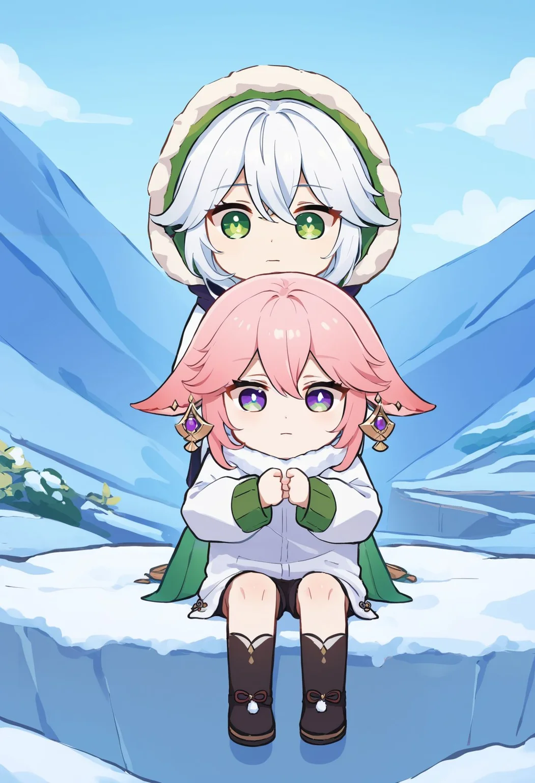 score_9,score_8_up,score_7_up, <lora:xinzoruo_style_pdxl_goofy:1>yae miko, fox ears, snow, green eyes, fur trim, nahida (genshin impact), fur-trimmed hood, sitting, mountain, outdoors, animal on lap, white hair, chibi, black footwear, white jacket, floppy ears, sky, hood up, hooded jacket, 1girl, petting, multiple girls