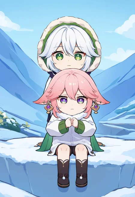 score_9,score_8_up,score_7_up, <lora:xinzoruo_style_pdxl_goofy:1>yae miko, fox ears, snow, green eyes, fur trim, nahida (genshin impact), fur-trimmed hood, sitting, mountain, outdoors, animal on lap, white hair, chibi, black footwear, white jacket, floppy ears, sky, hood up, hooded jacket, 1girl, petting, multiple girls