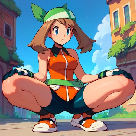 zPDXL2, score_9_up, score_8_up, score_7_up, masterpiece, detailed background, source_anime, blue background, town, buildings, sidewalk, 1girl, solo, may_\(pokemon emerald)\, brown hair, twintails, blue eyes, bandana, gloves, green bandana, orange jacket, green fanny pack, bare shoulders, bike shorts, orange shoes, black socks, hands on knees, parted lips, squatting, <lora:PDXL_Mayerald_PKMN:1>