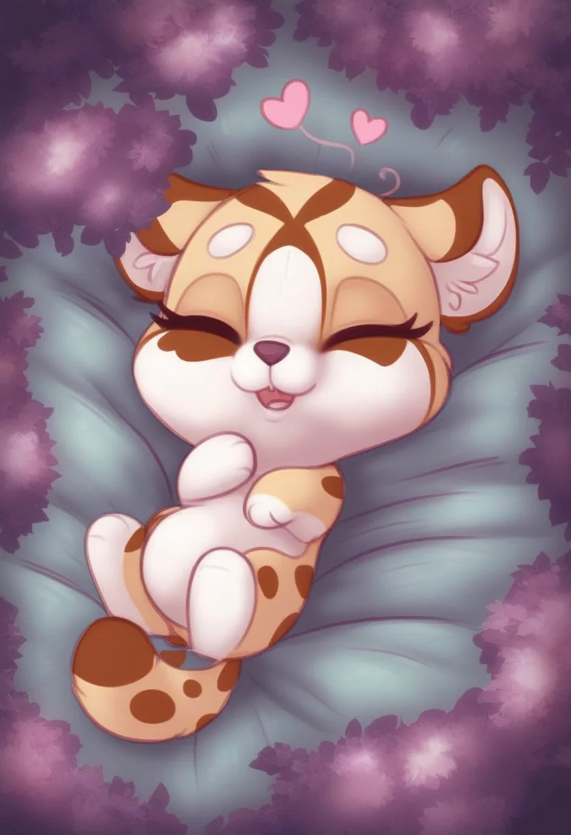 A baby ocelot, kneading its mother's fur, his mother sleeping, little hearts in the air, dense spring forest,