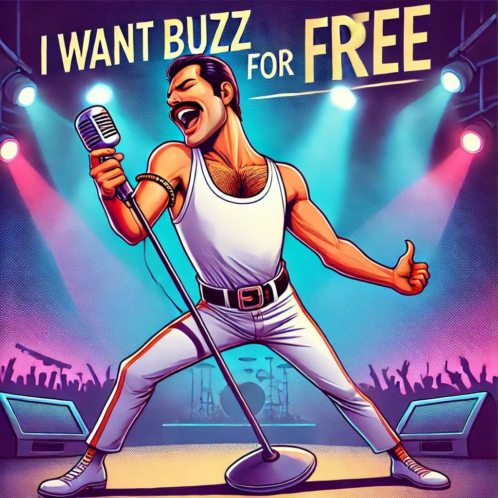 Create an illustration of a character reminiscent of Freddie Mercury singing on stage, performing passionately as if singing the humorous phrase 'I want buzz for free.' The character should be wearing Mercury's iconic outfit: a white tank top and tight jeans, striking one of his famous singing poses with a microphone in hand. The stage is brightly lit with vibrant colors that capture the energy of a live concert. Emphasize the lively, spirited performance and charismatic expression of the character.