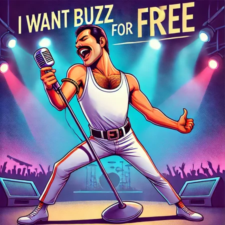 Create an illustration of a character reminiscent of Freddie Mercury singing on stage, performing passionately as if singing the humorous phrase 'I want buzz for free.' The character should be wearing Mercury's iconic outfit: a white tank top and tight jeans, striking one of his famous singing poses with a microphone in hand. The stage is brightly lit with vibrant colors that capture the energy of a live concert. Emphasize the lively, spirited performance and charismatic expression of the character.