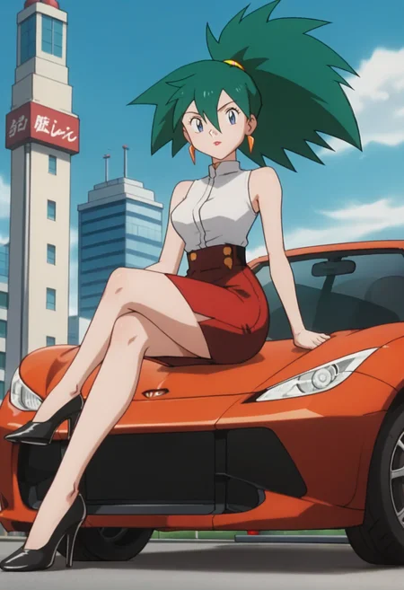 score_9, score_8_up, score_7_up, score_6_up, anime screencap, anime coloring, <lora:PMLiza_epoch_7:0.7>, PMLiza, green hair, blue eyes, orange earrings, bangs, hair between eyes, ponytail, lipstick, breasts,
white shirt, turtleneck, bare shoulders, sleeveless, red skirt, pencil skirt, black high heels,
sitting, red car, ferrari, looking at viewer, crossed legs,
BREAK, blue sky, day, city, street, building,