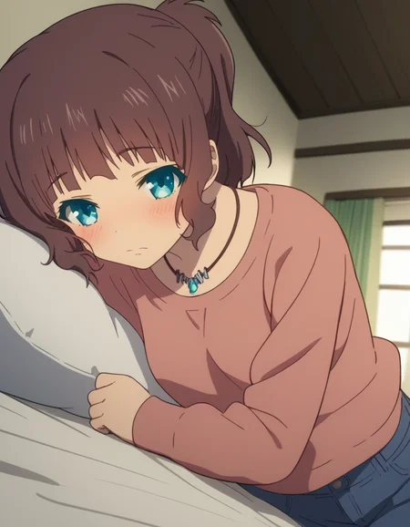 score_9, score_8_up, score_7_up, source_anime,
akarisakishima, <lora:akari-sakishima-s1-ponyxl-lora-nochekaiser:1>,
akari sakishima, short hair, blue eyes, brown hair, ponytail,
jewelry, pants, necklace, denim, collarbone, long sleeves,
indoors, bed, bed room, on side, blush, drunk,
looking at viewer, cowboy shot, dutch angle, solo,