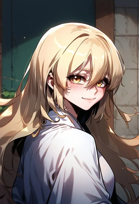 zPDXL3, score_9_up, score_8_up, score_7_up, (Anime_source), 1girl, WiSeol-Ah, amber eyes, long hair, Blonde hair, Seol clothes, looking back, looking at viewer, upper body, smile, little blush, closed mouth