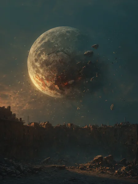 (at night), standing in a devastated and abandoned city, (apocalyptic city foreground), looking up at the sky, the shattered_moon broken by war hangs large in the night sky, <lora:Wolvie_ShatteredMoon_XLv1.1_r1:1>,  <lora:MJ52:0.5>, <lora:great_lighting:1> great lighting, textured, luminism, ultra highly detailed, 32k, fantastic realism, complex background, dynamic lighting, highly detailed, intricate, precise details, (balanced center composition, :0.1),