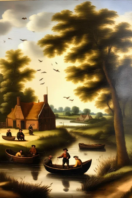 <lora:Salomon van Ruysdael Style:1>Salomon van Ruysdael Style - oil painting, fishermen, 1500s period, tudor period, english river, sunny, small boats, peaceful, birds, fish, grass, fields, summer, medieval, small tudor house along the road