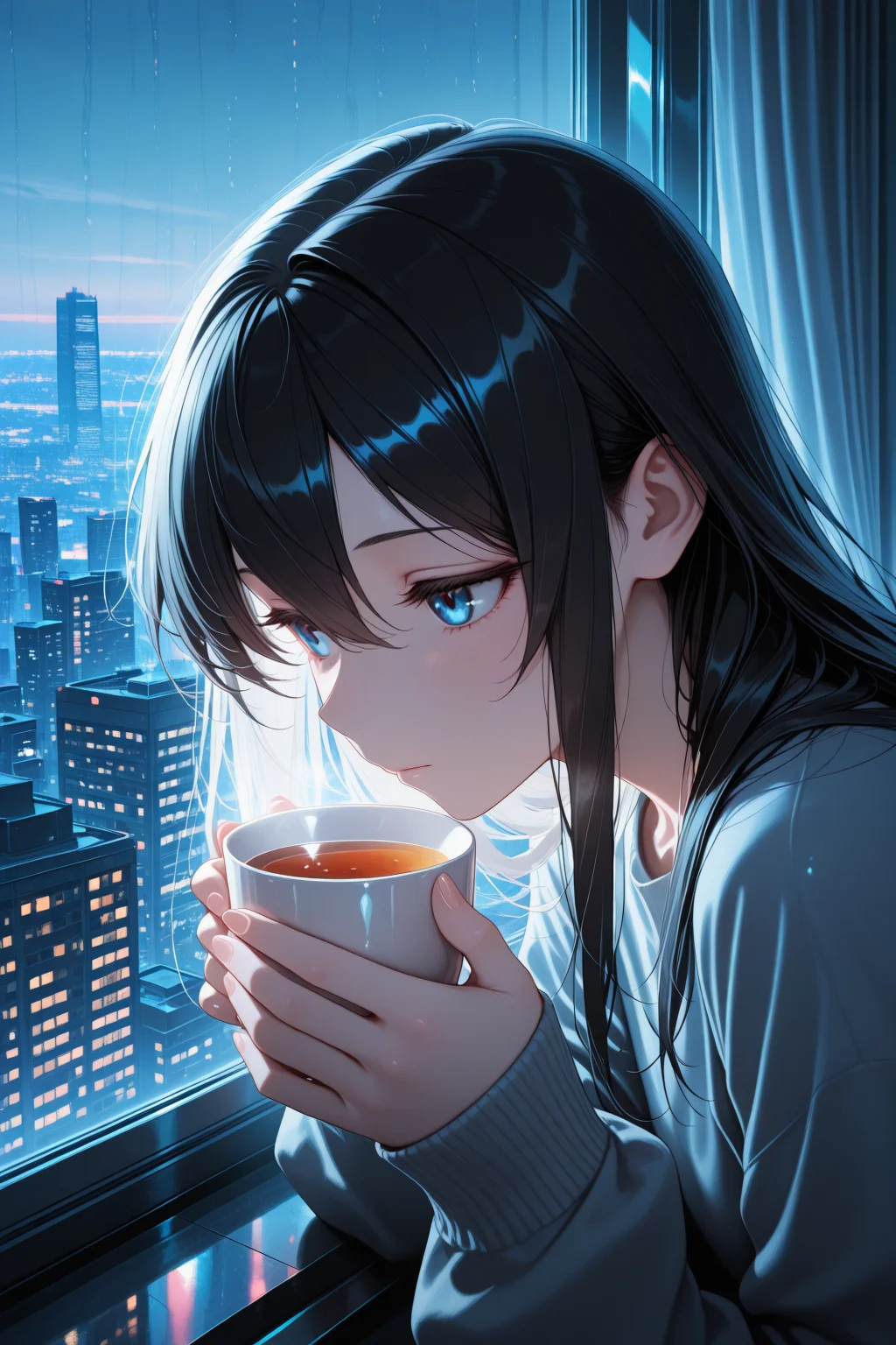 lazympos, smooth shading, glossy surfaces, subtle, high contrast, dak depth, intricate detailed, colored lighting, natural lighting, dramatic lighting, 1girl, solo, blue eyes, black hair, long hair, hair between eyes, side view, A woman quietly looking outside through, covered window, neon, cityscape, reflection, from inside, indoors, curtains, showing a hazy urban landscape. She holds a warm cup of tea, her expression calm and reflective. Moody atmosphere, muted colors, cinematic composition, nostalgic vibe