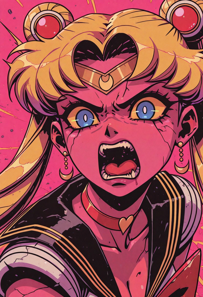 Overnoizz, female character concept,fabulous artwork,best quality,high resolution,fisheye view.
sailor moon, blonde hair, blue eyes, open mouth, aggressive, surprised, angry. 
pink background