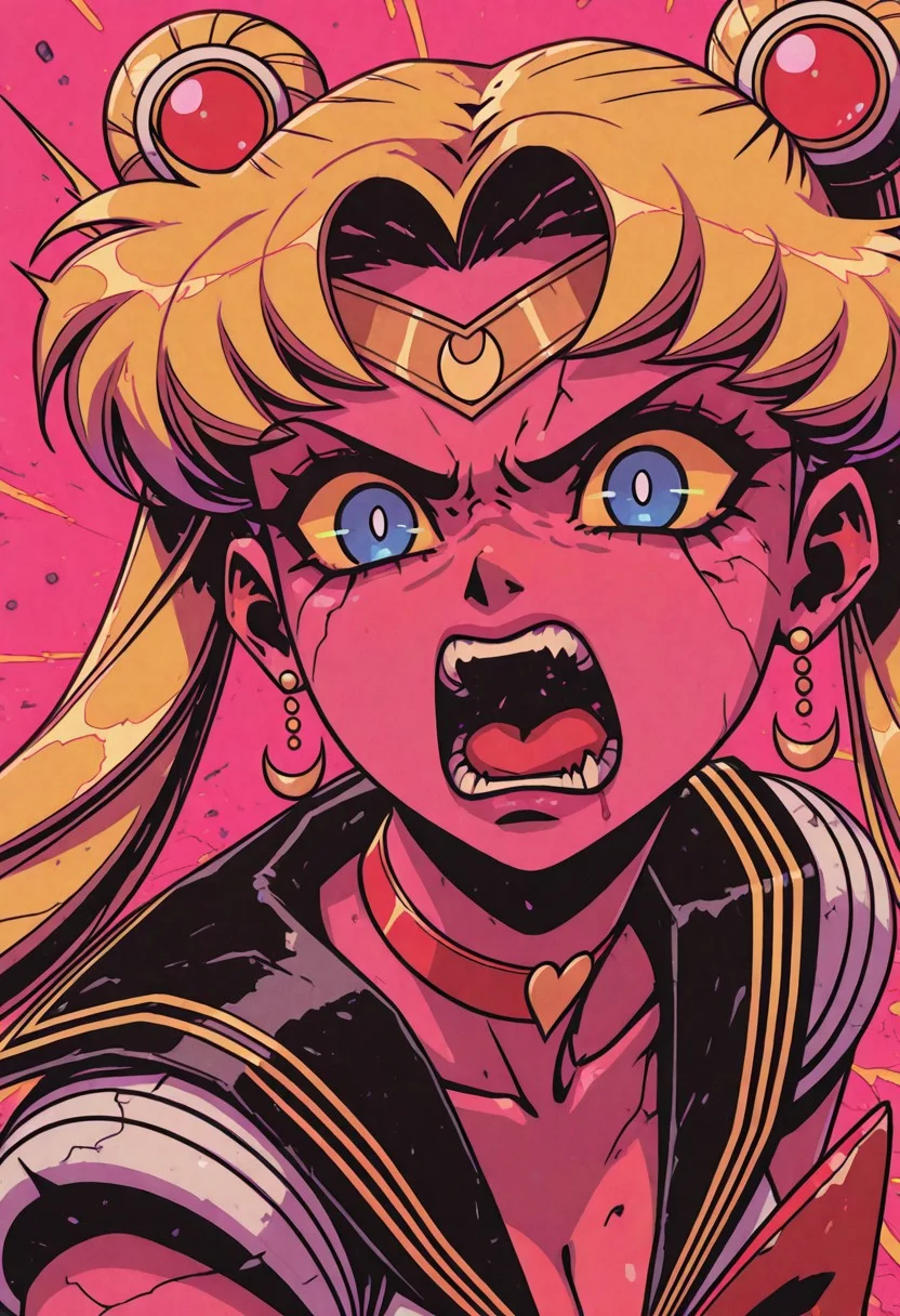 Overnoizz, female character concept,fabulous artwork,best quality,high resolution,fisheye view.
sailor moon, blonde hair, blue eyes, open mouth, aggressive, surprised, angry.
pink background