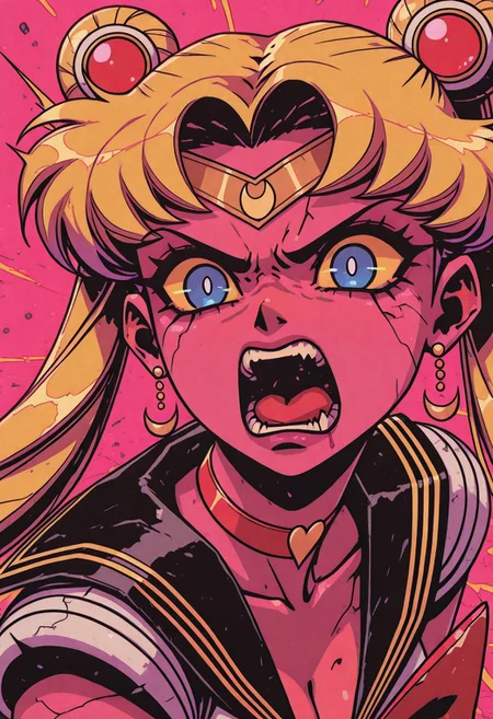 Overnoizz, female character concept,fabulous artwork,best quality,high resolution,fisheye view.
sailor moon, blonde hair, blue eyes, open mouth, aggressive, surprised, angry.
pink background