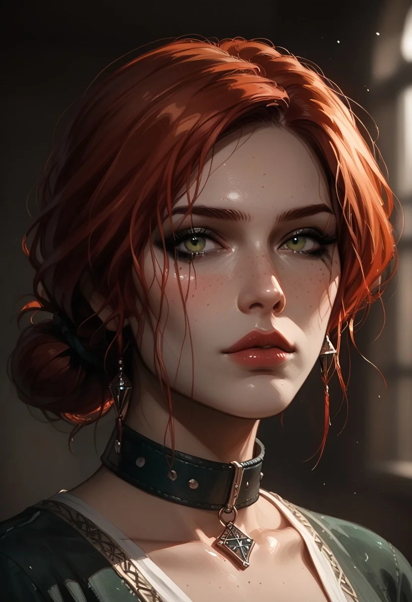 score_9, score_8_up, score_7_up, score_6_up, 1 girl , kawaii girl, freckles, sexy, blushing, petite, slim, soles, portrait, (dark background), dim lighting, dungeon, detailed drawing, partially illuminated, blurry background, slightly angled view, s1_dram, watercolor \(medium\), traditional media, triss merigold, freckles, green eyes, redhead, red hair, colorful bright eyes, hair bun, smooth hair, shiny skin, collar, close up view, ((looking at viewer)), robes, short hair, close view, mascara, eye shadow, long eyelashes, (((dark makeup))),