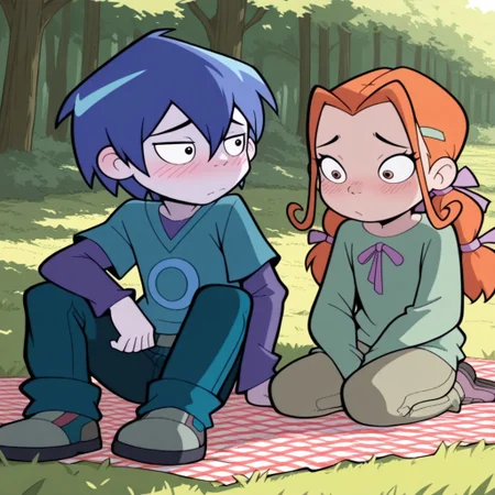 masterpiece, best quality, break, ze_el, (1boy, zeke_ma, blue hair, short hair), break, (1girl, elena_ma, orange hair, twintails), sitting, cuddle, picnic, blush, natural lighting