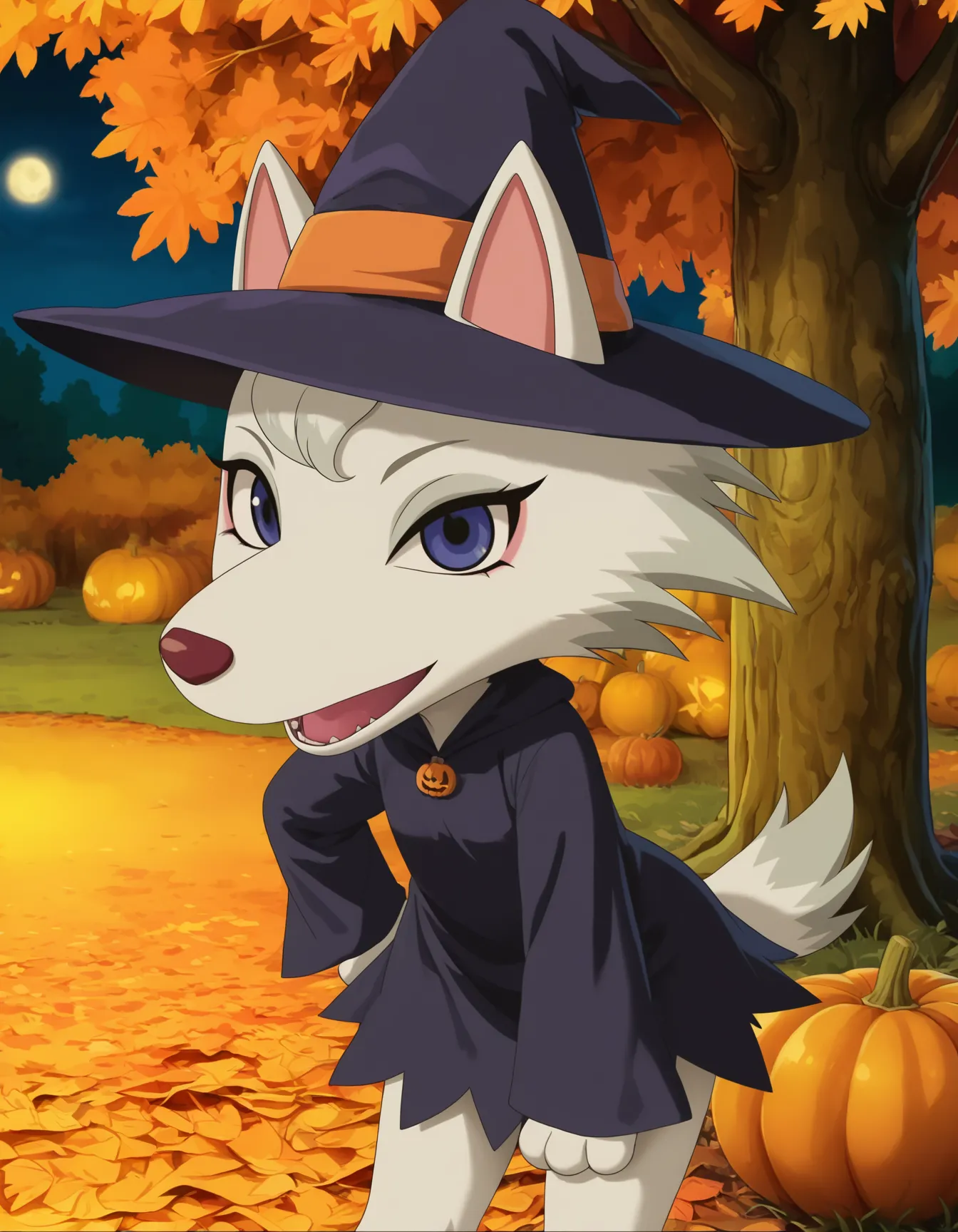 whitneyc, anime, screencap, wolf, white fur, blue eyes, maroon nose, flat chest, from front, witch outfit, witch hat, outdoors, grass, tree, leaves, standing, mouth open, talking, looking at viewer, cowboy shot, featureless crotch, tail, 1girl, female, solo, hand on hip, wink, autumn, autumn foliage, halloween, night, spooky, leaning forward, orange theme, autumn leaves, orange grass, pumpkins, moonlight, dusk,
<lora:Whitney_v2Noob3s96:1> <lora:noobai_ep11_stabilizer_v0.138_fp16:0.8>