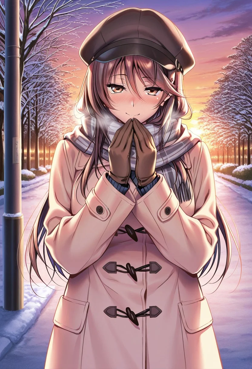 general,highres, ultra-detailed,very aesthetic,best quality ,best hands,masterpiece, best quality, newest, highres, score_9, score_8_up, score_7_up, source_anime, rating_explicit,1girl, yokota mamoru style,motion lines,Very straight nose,slim,slender face,perfect nose,torogao,seductive smile,looking at the viewer
Ichinose Honami,Brown hair, hair Parted to Side, Sidehair, Spiky Bangs, Waist Length hair,long hair,amber eyes,slim
1girl, solo, long hair, hat, scarf, coat, tree, gloves, brown hair, outdoors, sunset, plaid scarf, winter clothes, breath, brown eyes