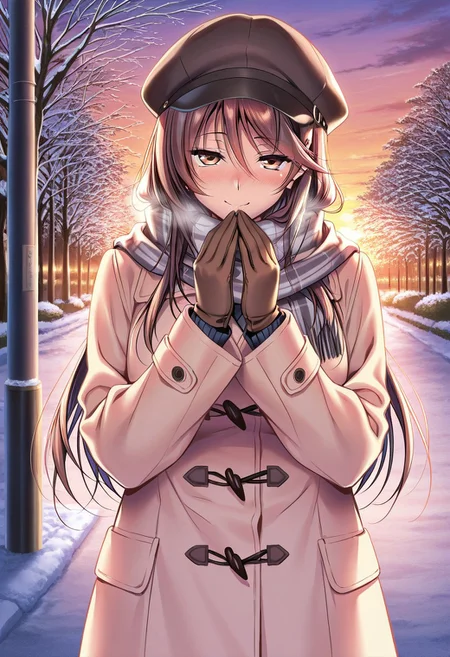 general,highres, ultra-detailed,very aesthetic,best quality ,best hands,masterpiece, best quality, newest, highres, score_9, score_8_up, score_7_up, source_anime, rating_explicit,1girl, yokota mamoru style,motion lines,Very straight nose,slim,slender face,perfect nose,torogao,seductive smile,looking at the viewer
Ichinose Honami,Brown hair, hair Parted to Side, Sidehair, Spiky Bangs, Waist Length hair,long hair,amber eyes,slim
1girl, solo, long hair, hat, scarf, coat, tree, gloves, brown hair, outdoors, sunset, plaid scarf, winter clothes, breath, brown eyes