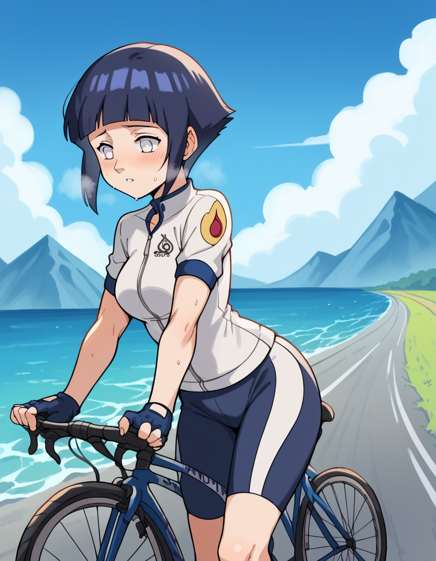 score_9, score_8_up, score_7_up, source_anime, <lora:hinata-hyuga-s1-ponyxl-lora-nochekaiser:1>, hinata hyuga, short hair, white eyes, bangs, blunt bangs, medium breasts,, <lora:cycling-uniform-ponyxl-lora-nochekaiser:1> cycling uniform, bicycle, bike jersey, bike shorts, biker clothes, fingerless gloves, gloves, road bicycle, short sleeves,, road, mountains, ocean, blue sky, clouds, bent over, parted lips, sweat, steam, blush, cowboy shot,