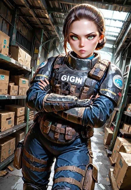 lazypos, masterpiece, best quality, dynamic angle, 1girl, solo, twitchr6s, brown hair, hair bun, fingerless gloves, body armor, blue shirt, blue pants, leg straps, arms crossed, looking at viewer, warehouse, detailed scenery