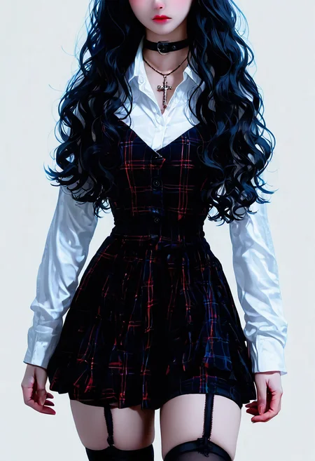 masterpiece, best quality, closed mouth, 1girl, solo, long hair, skirt, simple background, shirt, black hair, thighhighs, long sleeves, dress, jewelry, standing, white shirt, cowboy shot, choker, collared shirt, black thighhighs, necklace, collar, zettai ryouiki, plaid, wavy hair, garter straps, cross, , <lora:R3alB3auty_NAI:1.0>,