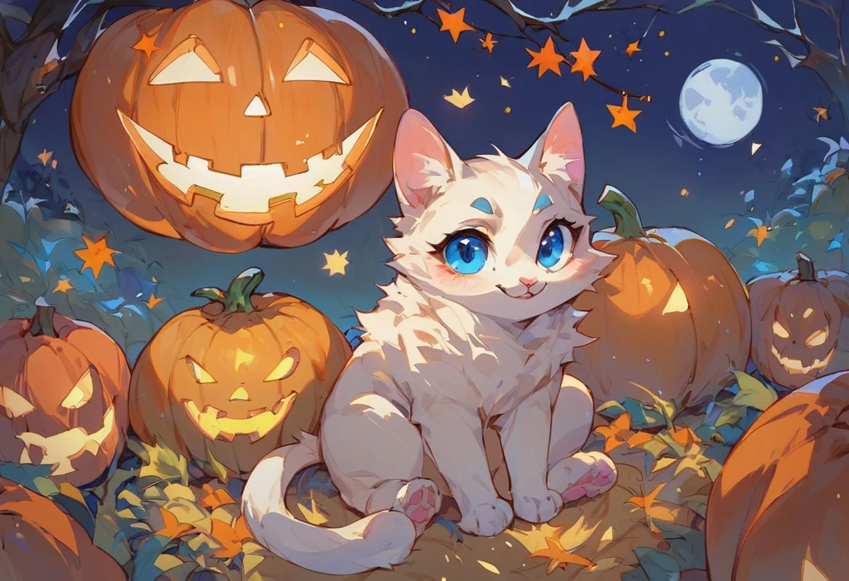 score_9, score_8_up, score_7_up, solo, (White) little cat, (Blue) eyes, small, sitting on hind legs, facing viewer, night, night halloween, pumpkin patch, halloween pumpkins, jack-o'-lanterns, pumpkins, halloween theme,