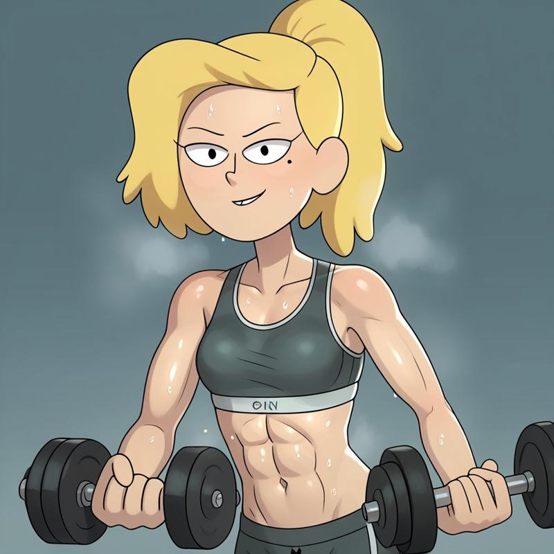 score_9, score_8_up, score_7_up, score_6_up, score_5_up, score_4_up, source_cartoon, rating_questionable, perfecteyes, (((nocunoct))), 1 girl, sports bra, sweating, petite, sasha waybright, blonde hair, ponytail, black eyes, mole under eye, lifting dumbell, abs