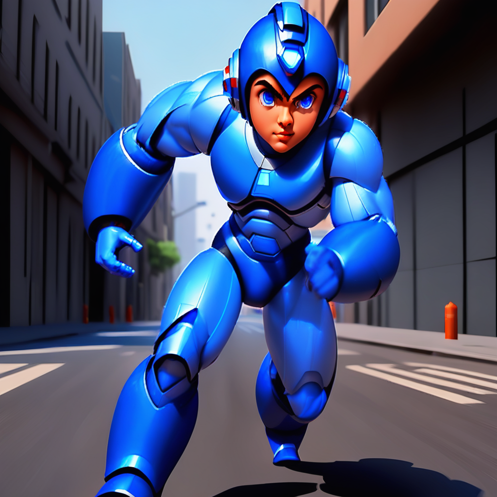 megaman, running on a street, street level, blue robot, 3d++, smooth, high details, masterpiece, 4k, (handsome teen face), (realistic face:1.5), (high detailed face:1.5), (high detailed eyes:1.5), (serious), (focused)