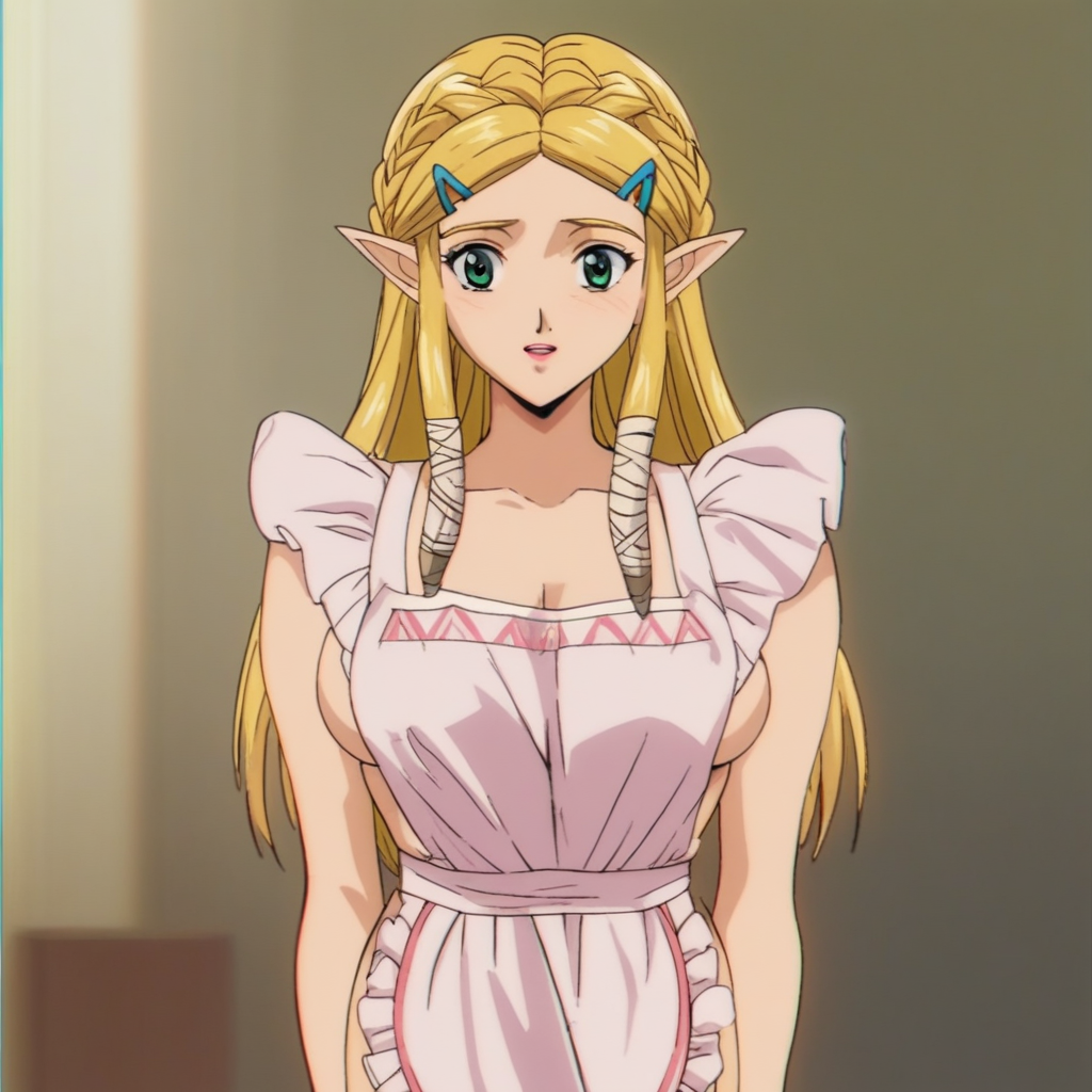 source_anime, GT4ST3, GTaste_Style,((score_9)),score_8_up,score_7_up,score_6_up,score_5_up,score_4_up, retro_artstyle, anime style, 1woman, Princess Zelda, blonde hair, large breasts, green eyes, naked_apron, looking at viewer, facing viewer, masterpiece, best quality, highres, best illumination, depth of field,